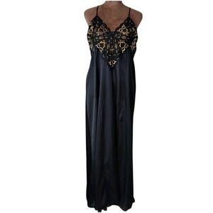 Vintage Nightgown Soft Moments New York Large Black Gold Lace Bow Whimsigoth